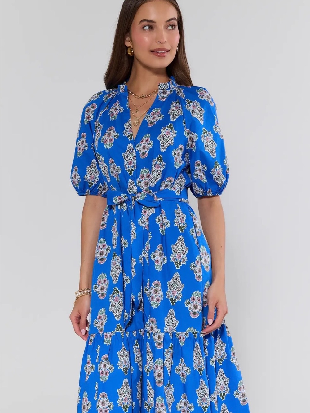 Bright Blue Floral V-Neck Tie-Waist Maxi Dress